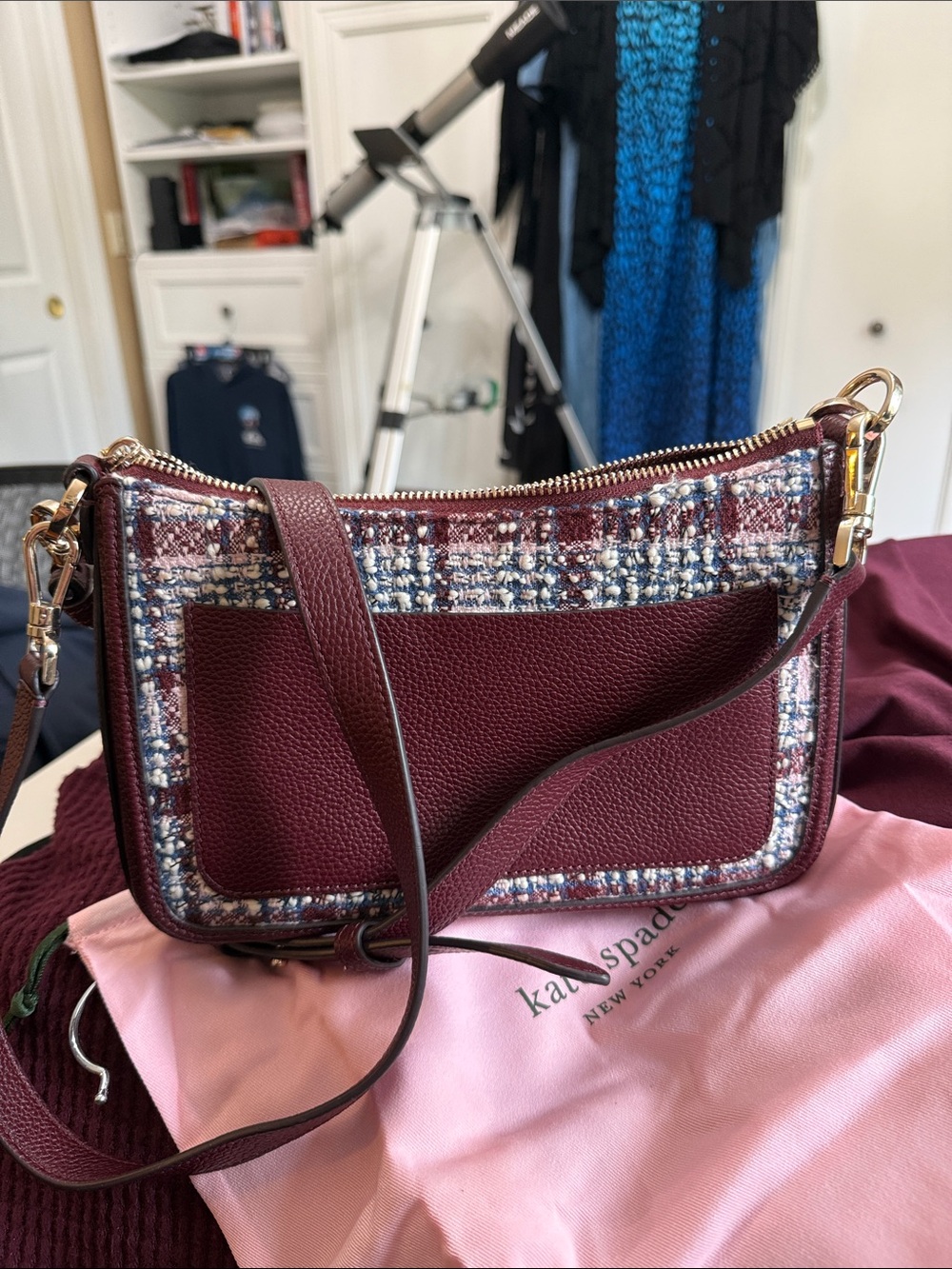 Kate Spade wine / pink plaid tweed crossbody. Apps 6 x 8”. NWOT. Never carried.